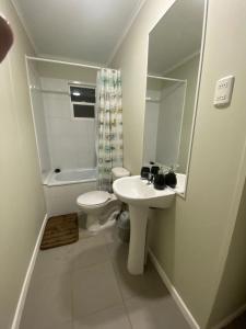 a bathroom with a sink and a toilet and a mirror at Casa Bilbao Villarrica in Villarrica