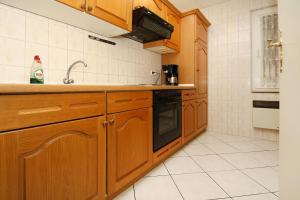 a kitchen with wooden cabinets and a sink at Holiday home in Sewenkow with a terrace in Sewekow