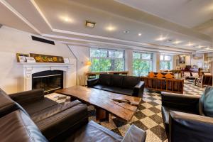 a living room with a couch and a fireplace at Hakuba Hotel Paipu no Kemuri in Hakuba