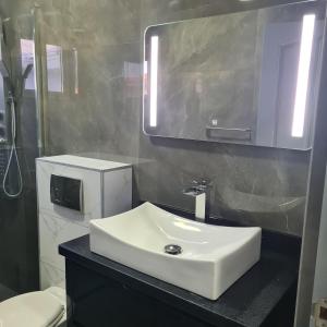 uma casa de banho com um lavatório branco e um espelho. em New Modern Apartment em Willemstad