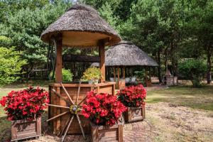 a gazebo with red flowers in front of it at Holiday Home near Baltic Sea and Lake Wise ka in Kodrąb +8 photos
