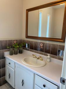 a bathroom with a sink and a mirror at Comfort Rooms near Toronto Airport in Mississauga