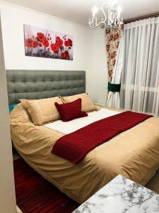 1 dormitorio con 1 cama grande con almohadas rojas en Depto 2 Metro Cal y Canto (Estudio), en Santiago