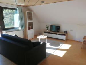 ein Wohnzimmer mit einem Sofa und einem TV in der Unterkunft Ferienwohnung Glashütte in Sankt Märgen