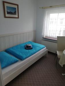 - une chambre avec un lit et une couverture bleue dans l'établissement Pension Am Rosental Merseburg, à Merseburg