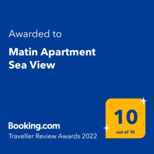 Сертификат, награда, вывеска или другой документ, выставленный в Matin Apartment Sea View