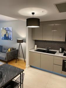 eine Küche mit einem Waschbecken und einem Sofa in einem Zimmer in der Unterkunft The Y Istanbul Suites in Istanbul