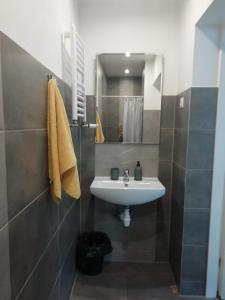 a bathroom with a white sink and a mirror at Apartament Pod Kukułką in Kłodzko