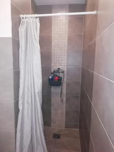 a shower with a white shower curtain in a bathroom at Apartament Pod Kukułką in Kłodzko