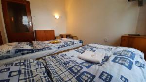 two beds in a room with blue and white sheets at Hotel Kristl in Pardubice
