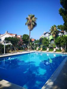 a large blue swimming pool with palm trees and houses at Anita Kemer Noch Hotel in Kemer