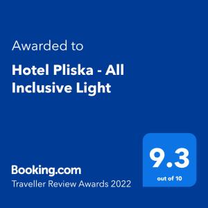 Сертификат, награда, вывеска или другой документ, выставленный в Hotel Pliska - All Inclusive Light