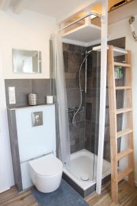 a small bathroom with a shower and a toilet at gemütliches tiny apartment - nur 10min vom Zentrum in Stuttgart