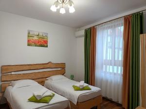 1 dormitorio con 2 camas y ventana en Casa Geppetto en Sibiu