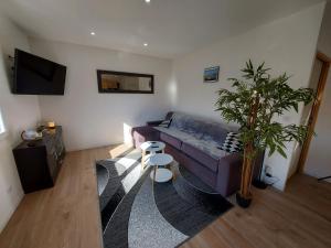 a living room with a purple bed and a plant at Superbe appartement au centre de St Jorioz in Saint-Jorioz