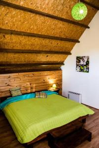 Schlafzimmer mit grünem Bett und Holzdecke in der Unterkunft Chalet des Hauts- Vue piton des neiges in Le Tampon