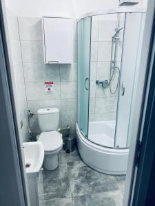 een badkamer met een toilet, een douche en een wastafel bij 2Lustra in Białystok