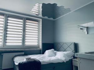 niebieski pokój z łóżkiem i oknem w obiekcie 2Lustra w mieście Białystok