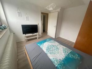 a living room with a flat screen tv and a bed at Monteurzimmer Zimmer + WC in Willingen