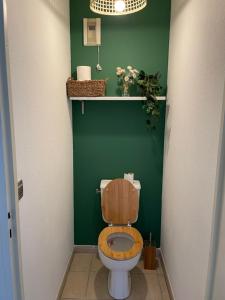 uma casa de banho com um WC em madeira numa parede verde em Appartement T2 avec balcon, lumineux, au calme. em Blaye