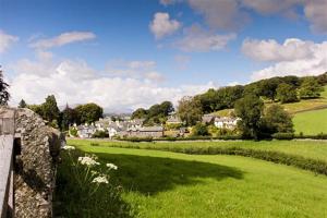 een groen veld met een dorp op de achtergrond bij Rowan Cottage in Hawkshead