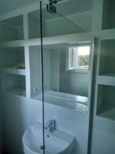bagno con lavandino e doccia in vetro di Oasi nel Verde a Golfo Aranci