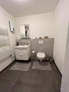 a bathroom with a toilet and a sink and a mirror at E & N Apartments in Oberhausen