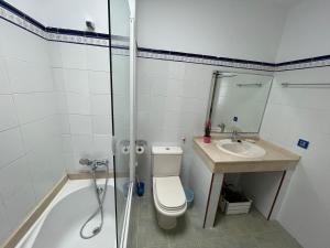 ein Bad mit einem WC, einem Waschbecken und einer Dusche in der Unterkunft Casa Brisa del Este in Mala
