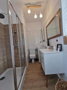a bathroom with a toilet and a sink and a shower at Apartament Kołobrzeg Starówka Welcome Home in Kołobrzeg