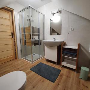 a bathroom with a shower and a sink and a toilet at Apartament Grel in Nowy Targ