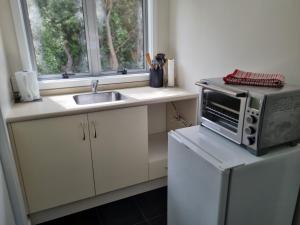 a kitchen with a microwave and a sink and a window at Tree House in Taieri Mouth