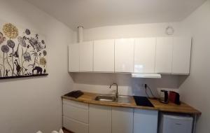 a kitchen with white cabinets and a sink at Apartamenty Kościuszki in Stronie Śląskie
