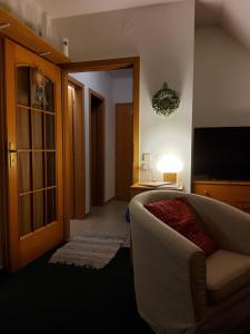 ein Schlafzimmer mit einem Bett, einem Sofa und einem TV in der Unterkunft Apartmán 6 u sjezdovek in Rokytnice nad Jizerou