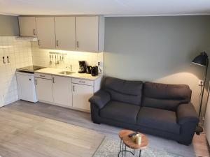 een woonkamer met een bank en een keuken bij Appartement Duinroos Boodtlaan 1K De Koog-Texel in De Koog