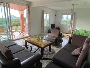 a living room with two couches and a coffee table at Green Discovery B&B Tamarind Falls 7 Cascades in Henrietta