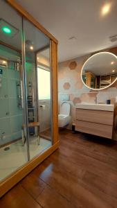 a bathroom with a sink and a toilet and a mirror at Vakantiehuis Amber in Simpelveld