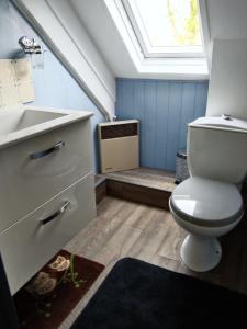 a bathroom with a toilet and a sink and a window at Craftycotta in Glomel