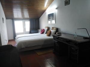 1 dormitorio con cama, escritorio y ventana en MIX inn en Vendas Novas