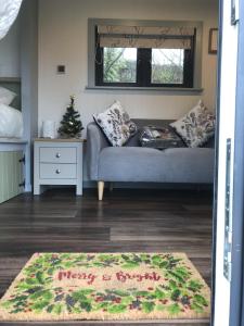 Wyncliffe Hideaway في سانت دافيدز: غرفة معيشة مع أريكة مع سجادة عيد الميلاد