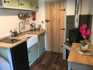 a small kitchen with a sink and a stove at Wyncliffe Hideaway in St. Davids