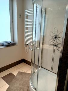 a shower with a glass door in a bathroom at Przytulne mieszkanie blisko Galerii Bałtyckiej Zaspa in Gdańsk
