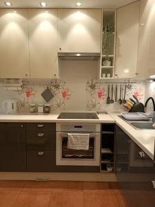 a kitchen with a stove and a sink at Przytulne mieszkanie blisko Galerii Bałtyckiej Zaspa in Gdańsk