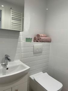 ein weißes Bad mit einem WC und einem Waschbecken in der Unterkunft Apartament -Dwudziestka in Sandomierz