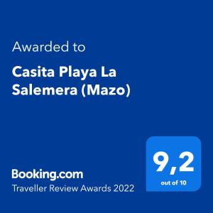 Um certificado, prêmio, placa ou outro documento exibido em Casita Playa La Salemera (Mazo)