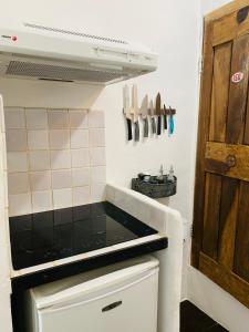 uma cozinha com uma placa de fogão e forno. em Le petit carnot em Apt