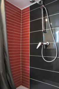 uma casa de banho com um chuveiro com riscas vermelhas na parede em Charmant appartement avec vue face mer imprenable em Mers-les-Bains
