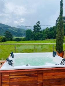 a bath tub with a view of a field at Hotel Boutique Palmas de Salento in Salento