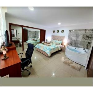 a bedroom with a tub and a bed and a desk at Ecusuites Jacuzzi Executive Dpto Riverfront l puerto santa ana in Guayaquil