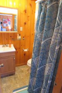 a bathroom with a toilet and a shower curtain at 2 Minute Walk to Beach, Cape Cod Escape in Dennis Port