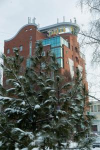 a building with a christmas tree in front of it at Sport-Hotel in Tomsk
